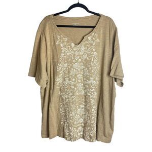 Catherines Shirt Womens 2X Plus Tan V-Neck Tunic Floral Scroll Short Sleeve
